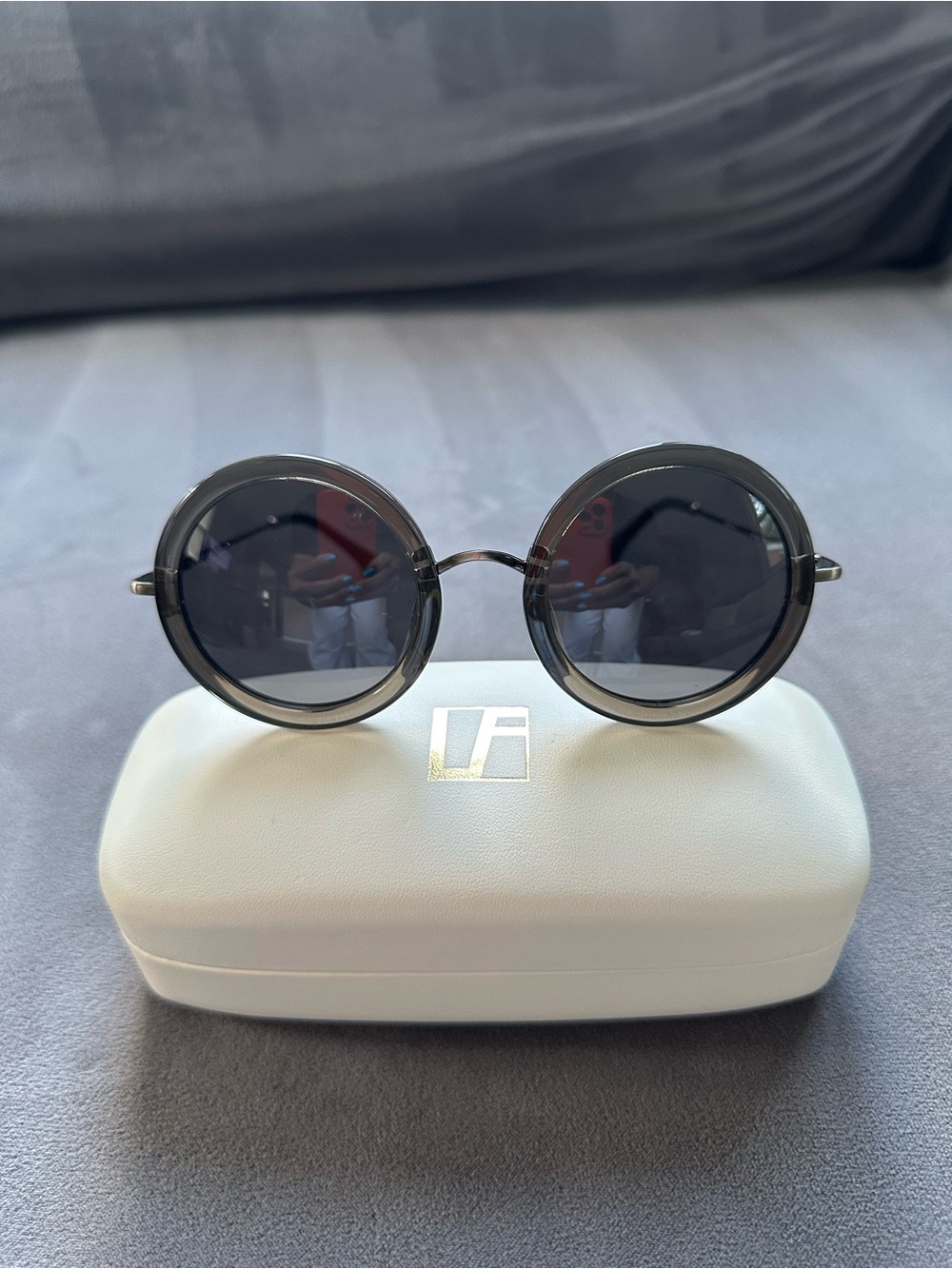 Linda Farrow Round Gray Frame Sunglasses with Black Lenses